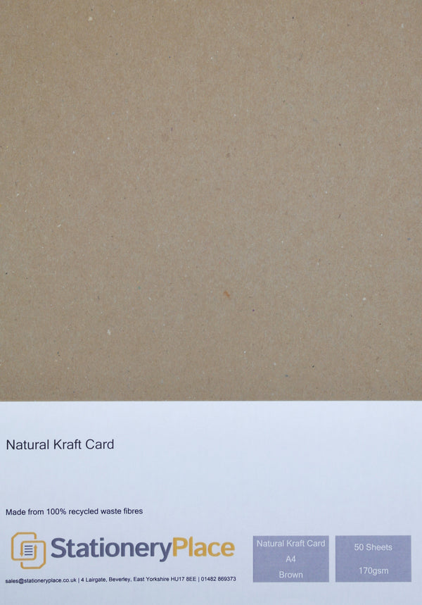 Kraft Card  A4 50 Sheets 170GSM - 100% Recycled Natural Ideal For Weddings Menus Craft