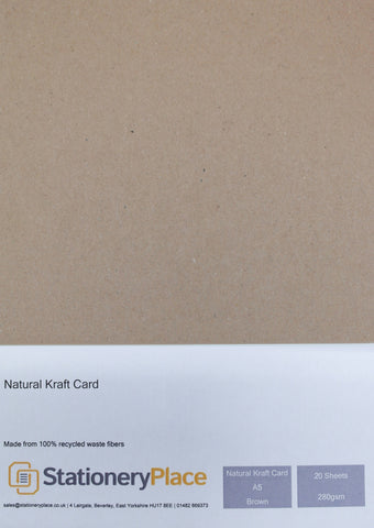 Natural Kraft Card 100% Recycled Brown A3 A4 A5 280gsm 1 to 100 sheet packs