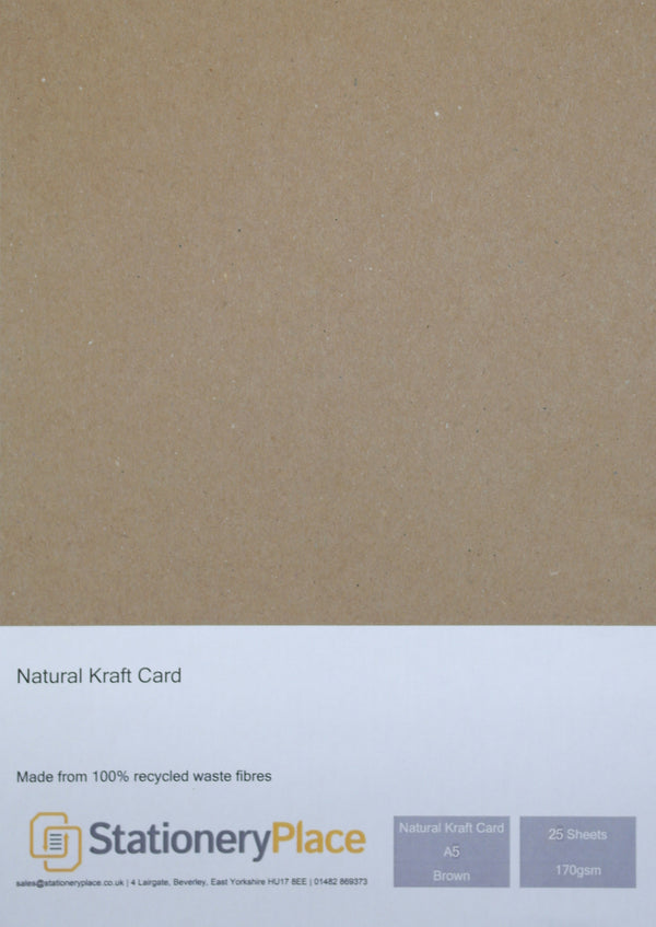 NATURAL KRAFT CARD - A5 25 SHEETS 170GSM - 100% RECYCLED