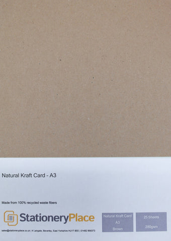 Natural Kraft Card 100% Recycled Brown A3 A4 A5 280gsm 1 to 100 sheet packs